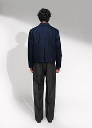 ROSANI The Dome jacket in midnight denim - cropped jacket with deep inverted box pleats and stripes inlay, back view