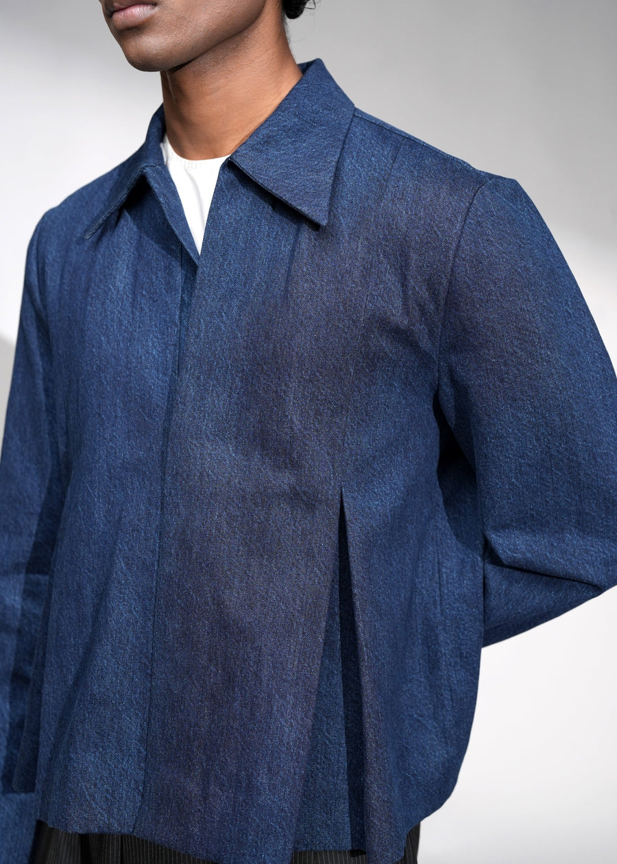 ROSANI The Dome jacket in midnight denim - cropped jacket with deep inverted box pleats, side view
