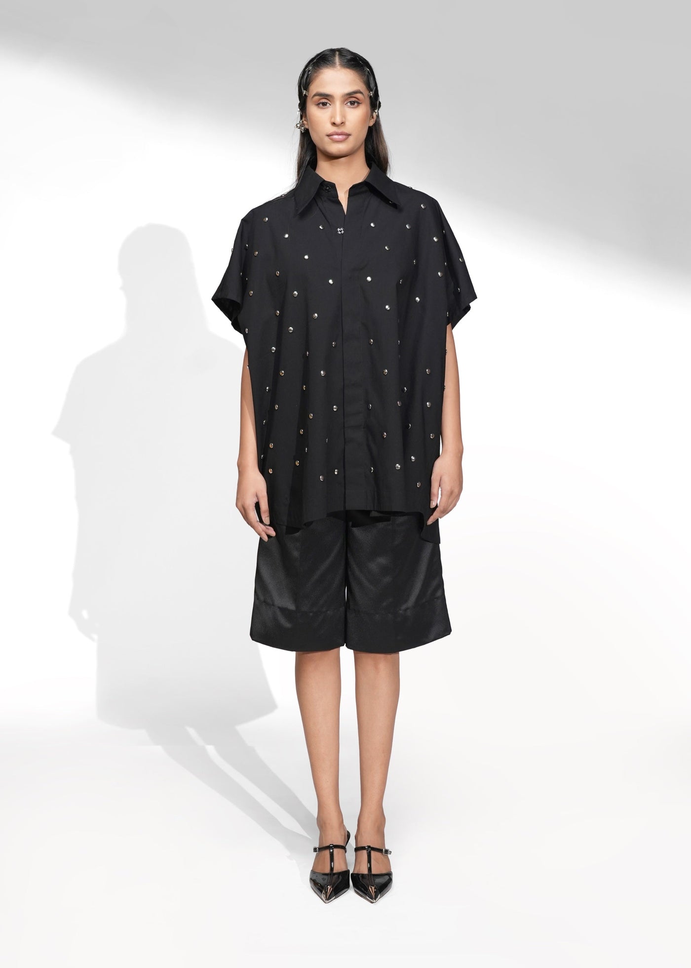 ROSANI The Drift shirt in black - oversized poplin shirt with metallic front detailing, front view