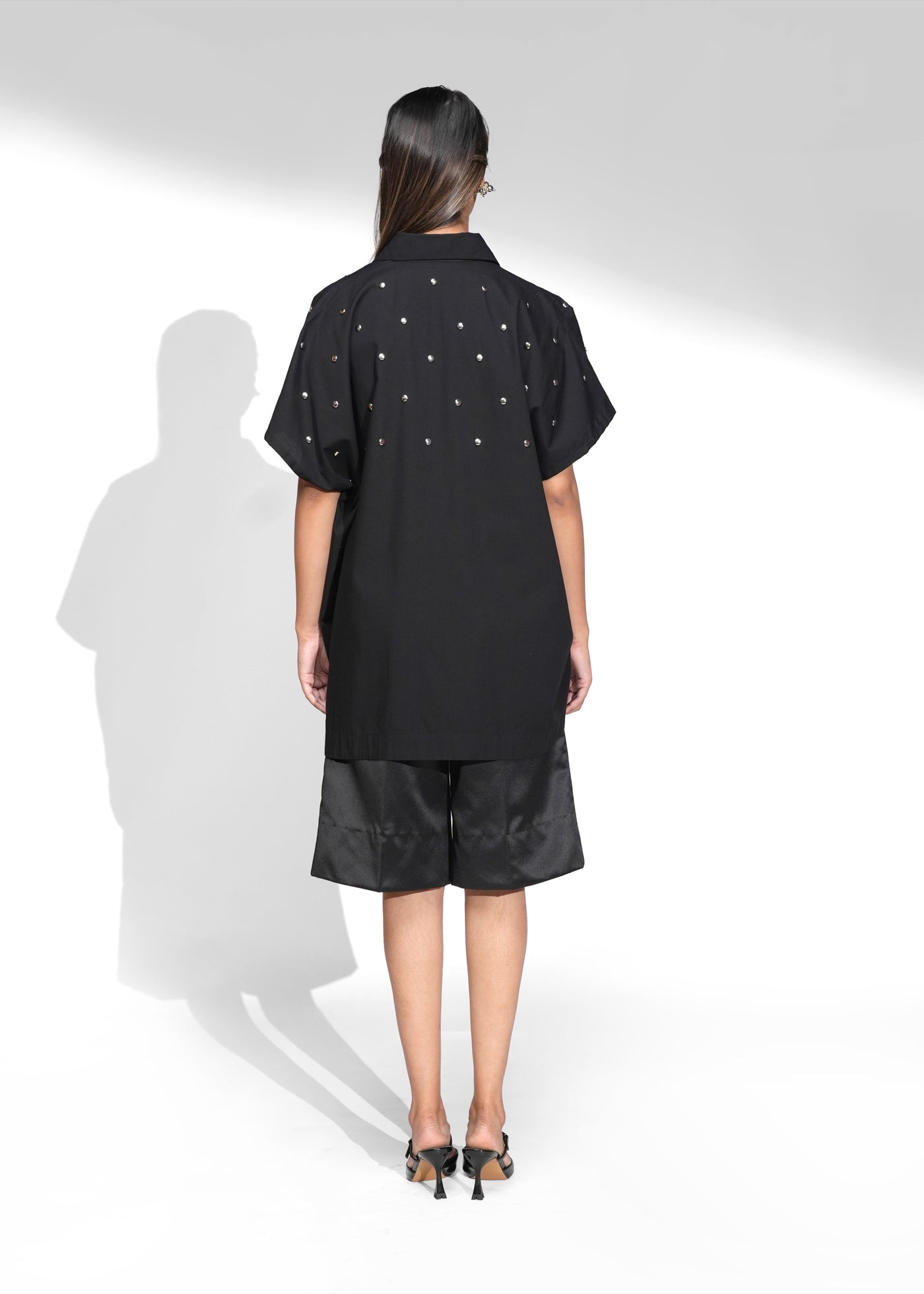 ROSANI The Drift shirt in black - oversized poplin shirt with metallic back yoke detail, back view