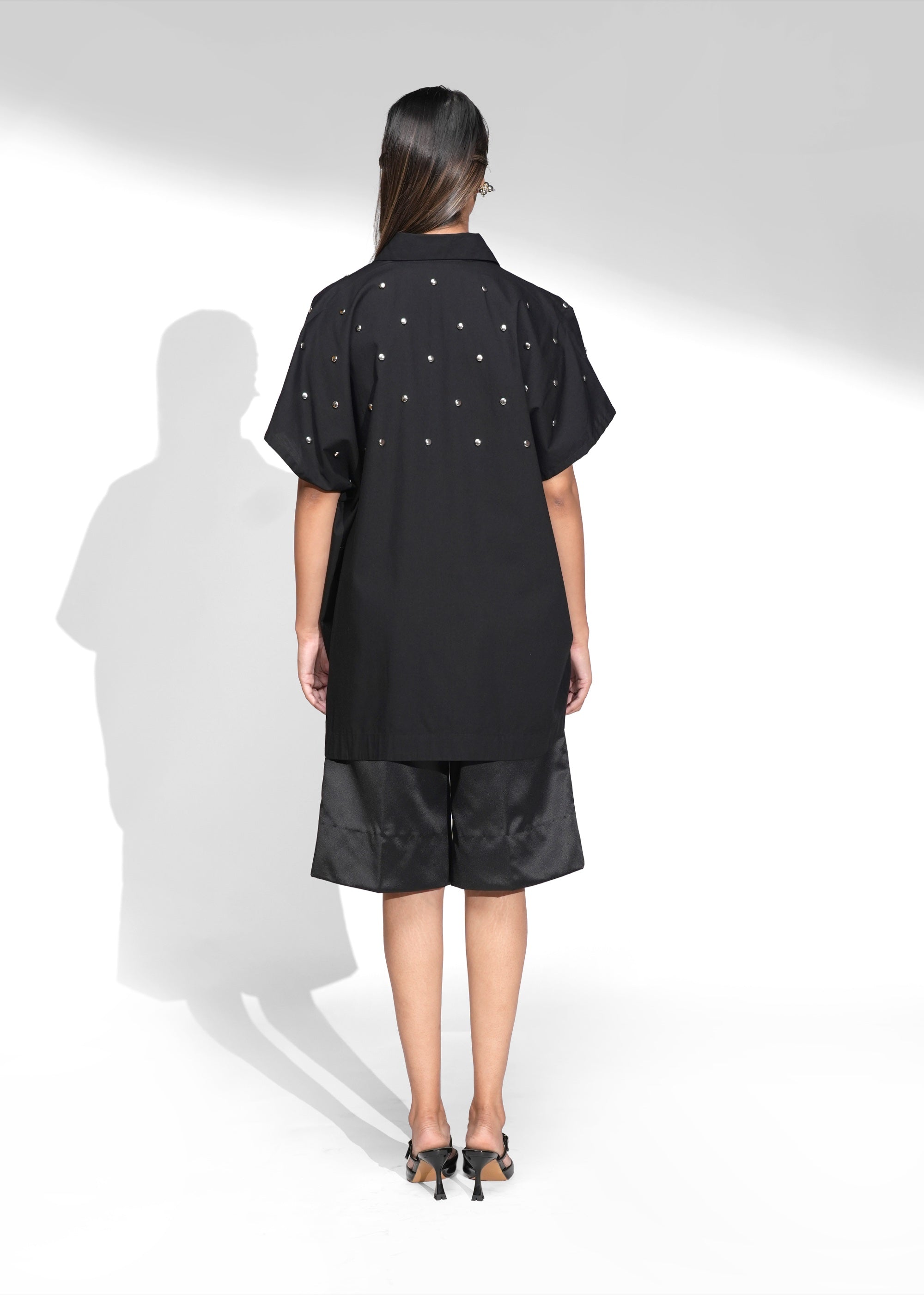 ROSANI The Drift shirt in black - oversized poplin shirt with metallic back yoke detail, back view