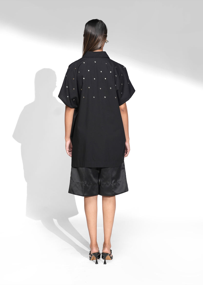 ROSANI The Drift shirt in black - oversized poplin shirt with metallic back yoke detail, back view