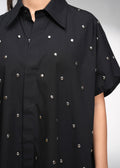 ROSANI The Drift shirt in black - oversized poplin shirt with metallic detail, front side view