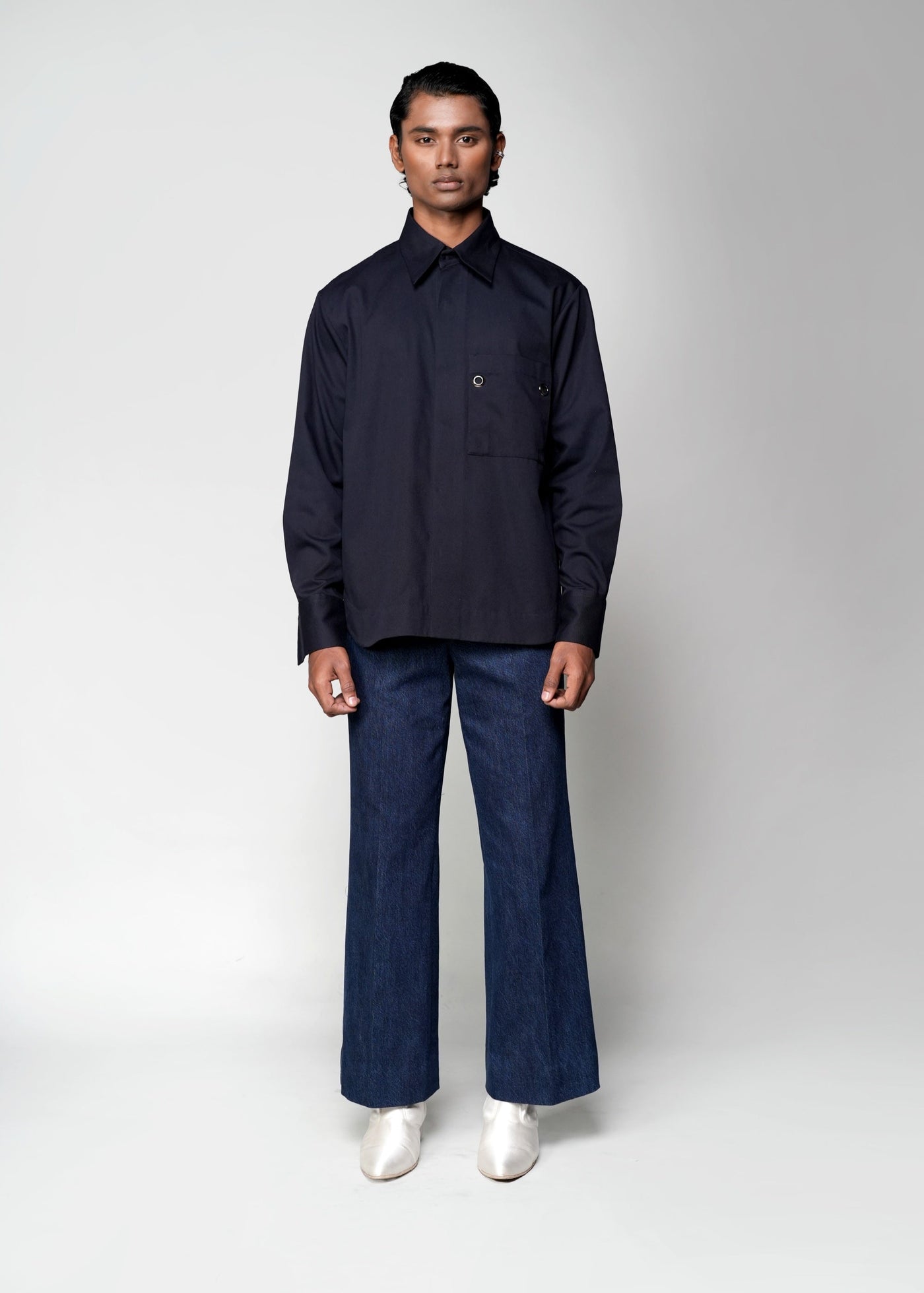 ROSANI The Dune shirt in navy - full-sleeve shirt with large patch pocket and metallic eyelet detail, front view