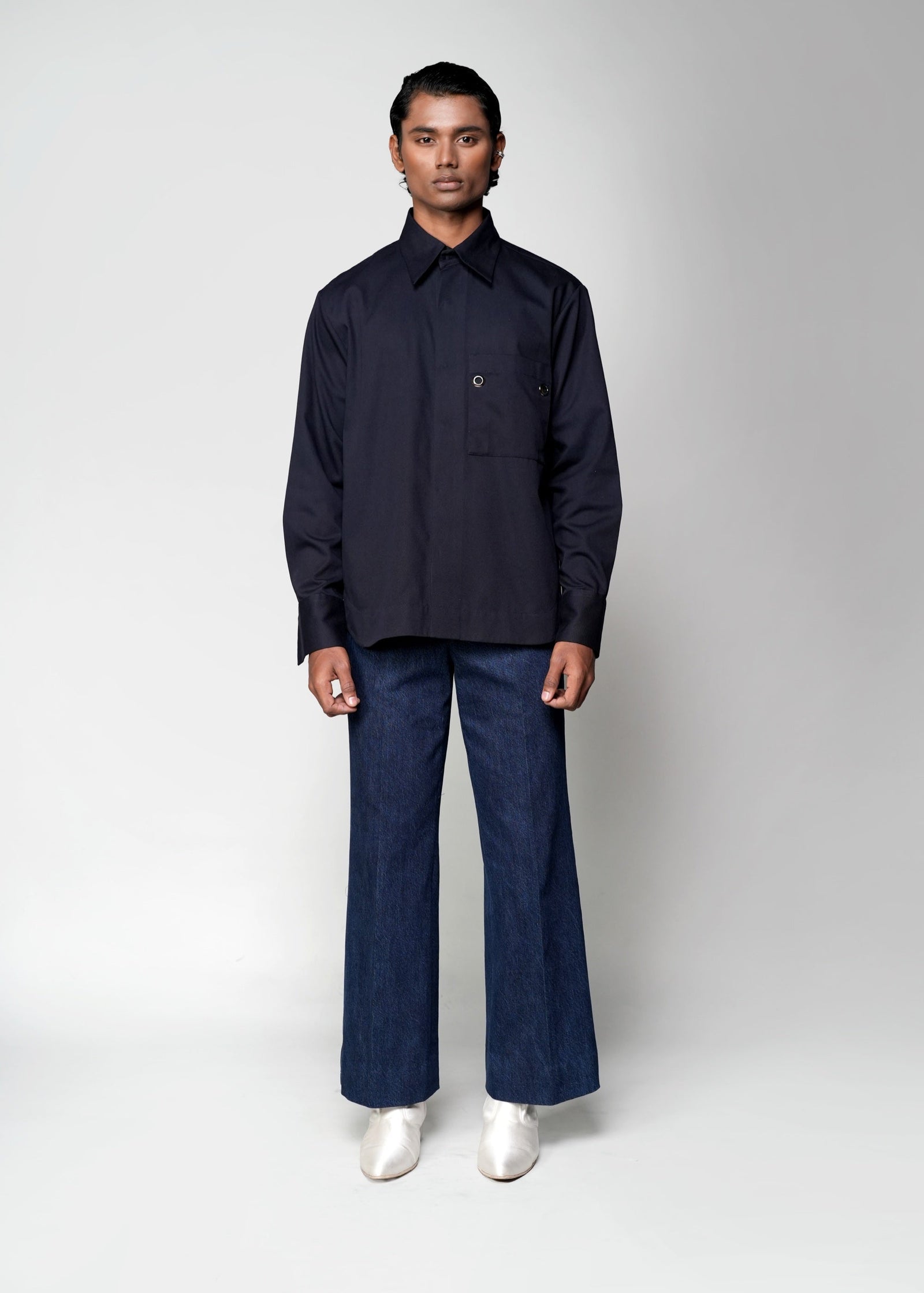 ROSANI The Dune shirt in navy - full-sleeve shirt with large patch pocket and metallic eyelet detail, front view