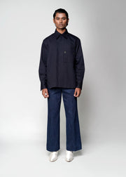 ROSANI The Dune shirt in navy - full-sleeve shirt with large patch pocket and metallic eyelet detail, front view