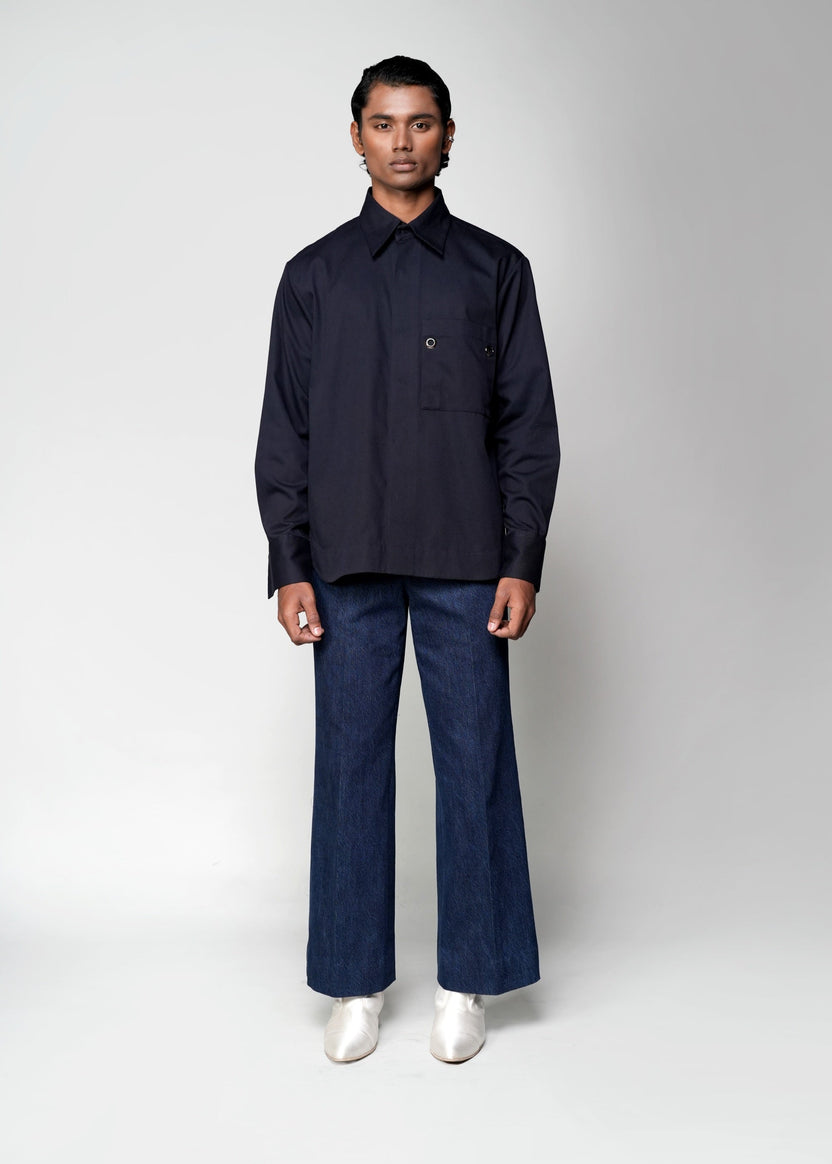 ROSANI The Dune shirt in navy - full-sleeve shirt with large patch pocket and metallic eyelet detail, front view