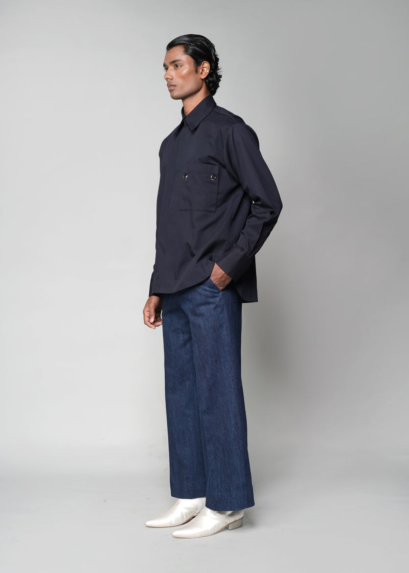ROSANI The Dune shirt in navy - full-sleeve shirt with patch pocket, front side view