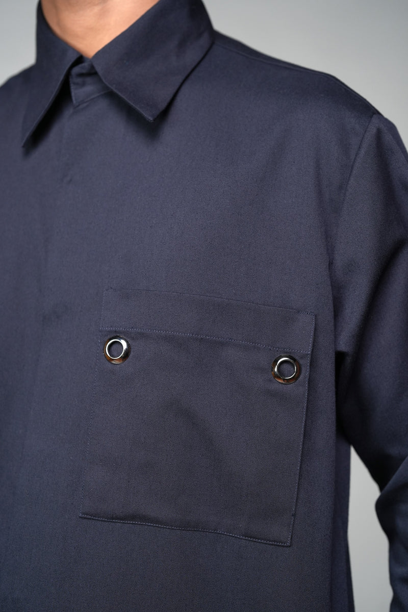 ROSANI The Dune shirt in navy - metallic eyelet pocket detail, close-up