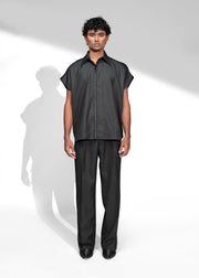 ROSANI The Ease shirt in black - sleeveless pinstripe shirt with satin metallic eyelet placket detail, front view