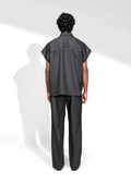 ROSANI The Ease shirt in black - sleeveless pinstripe shirt with metallic eyelet detail, front side view