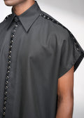ROSANI The Ease shirt in black - sleeveless pinstripe shirt with metallic eyelet back yoke detail, back view