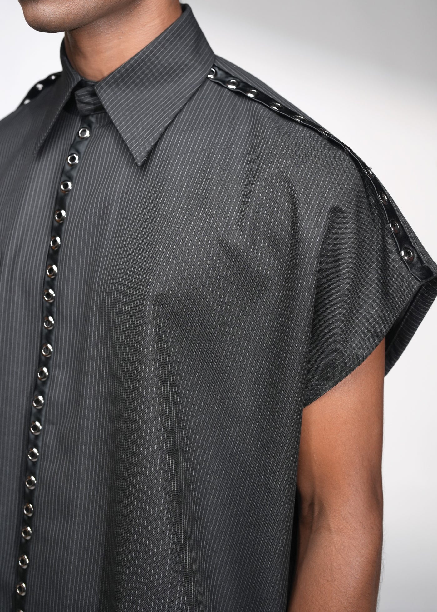 ROSANI The Ease shirt in black - sleeveless pinstripe shirt with metallic eyelet back yoke detail, back view