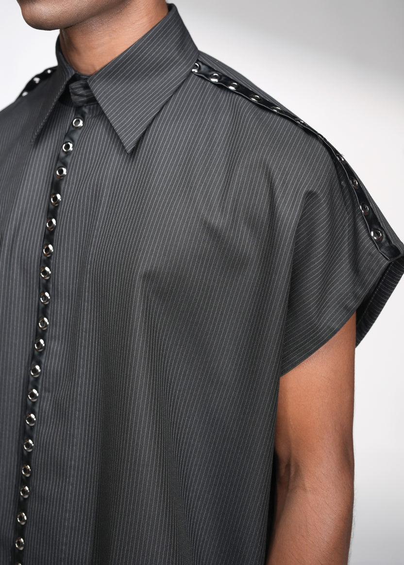 ROSANI The Ease shirt in black - sleeveless pinstripe shirt with metallic eyelet back yoke detail, back view