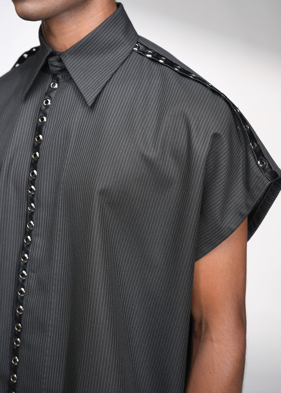 ROSANI The Ease shirt in black - sleeveless pinstripe shirt with metallic eyelet back yoke detail, back view