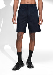 ROSANI The Echo shorts in midnight denim - straight-fit denim shorts with cross pockets, front view