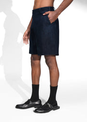 ROSANI The Echo shorts in midnight denim - straight-fit denim shorts, front side view