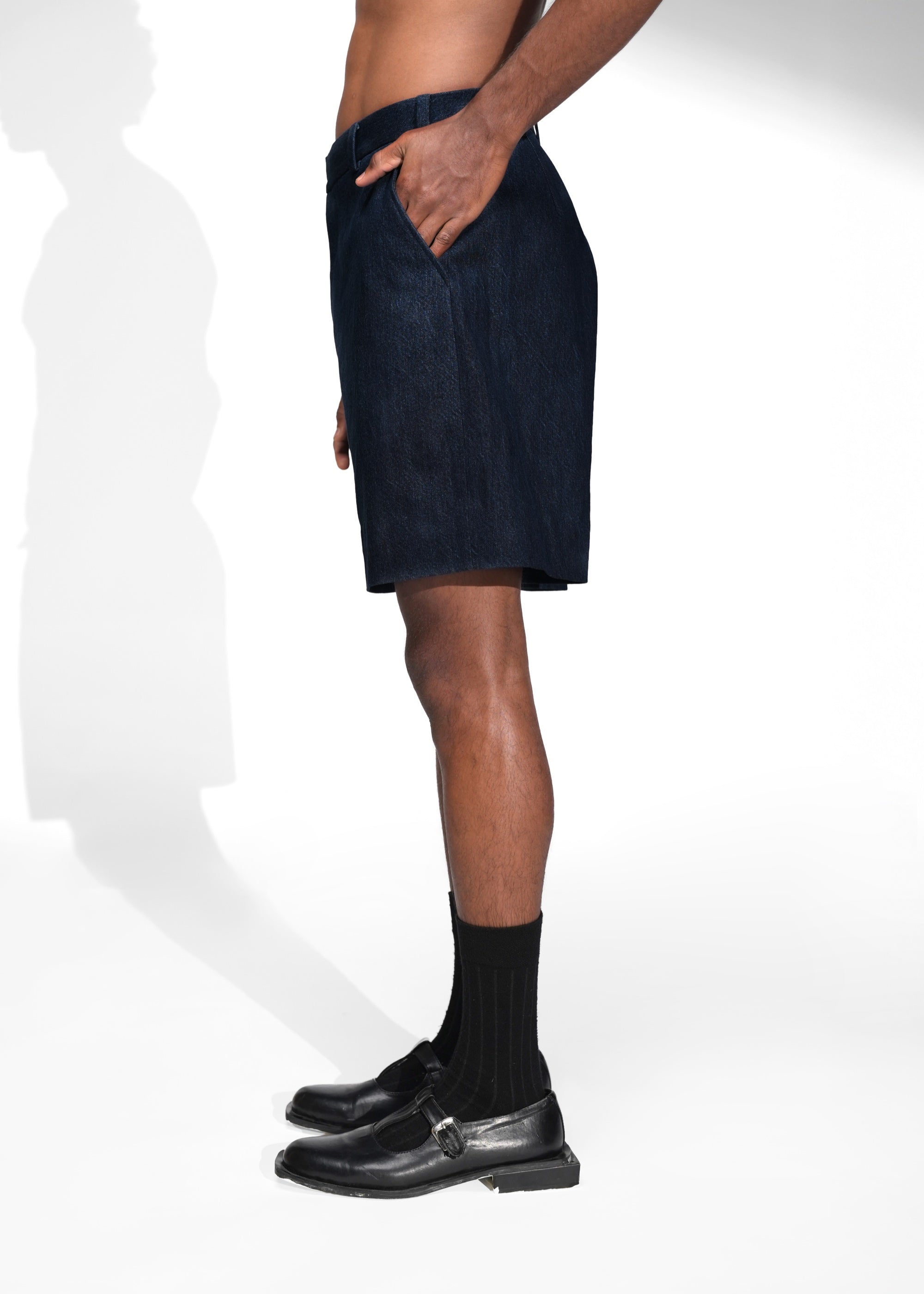ROSANI The Echo shorts in midnight denim - straight-fit denim shorts, side view