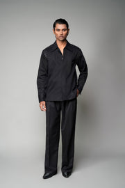 ROSANI The Eclipse shirt in black - full-sleeve shirt with metallic button detail at shoulder and armhole, front view
