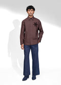 ROSANI The Ether shirt in mocha - full-sleeve cotton shirt with hand-embroidered floral motif, front view