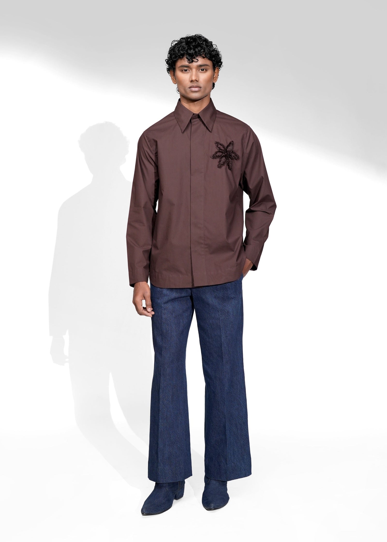 ROSANI The Ether shirt in mocha - full-sleeve cotton shirt with hand-embroidered floral motif, front view