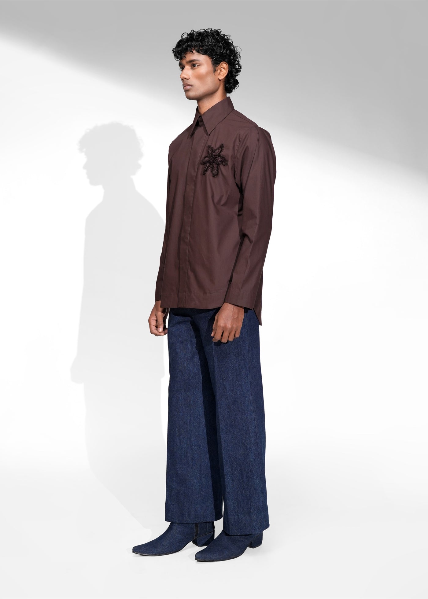 ROSANI The Ether shirt in mocha - full-sleeve cotton shirt with floral embroidery, front side view