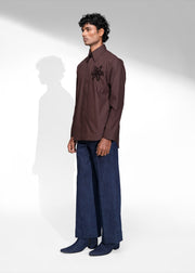 ROSANI The Ether shirt in mocha - full-sleeve cotton shirt with floral embroidery, front side view