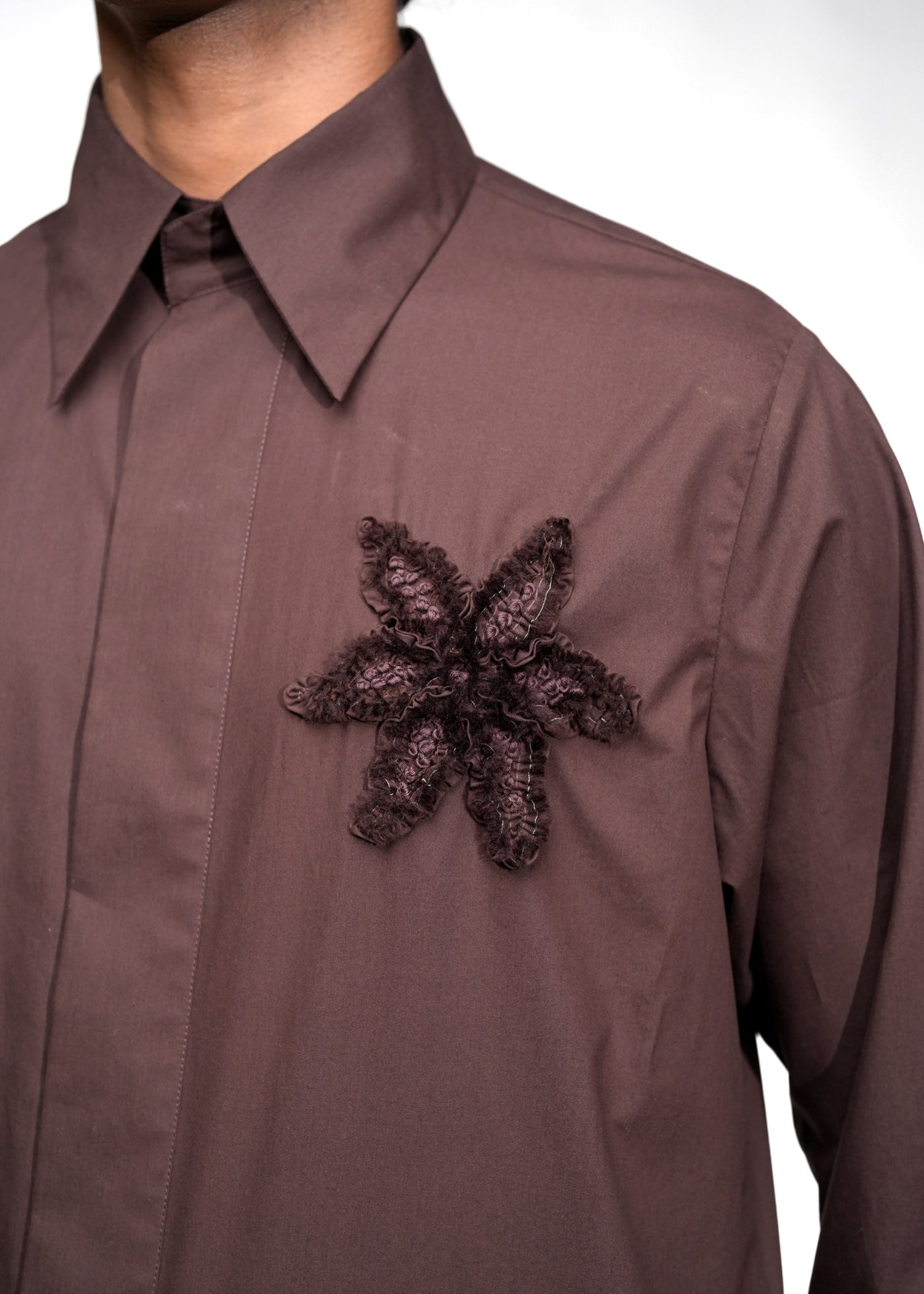 ROSANI The Ether shirt in mocha - hand-embroidered floral motif detail, close-up