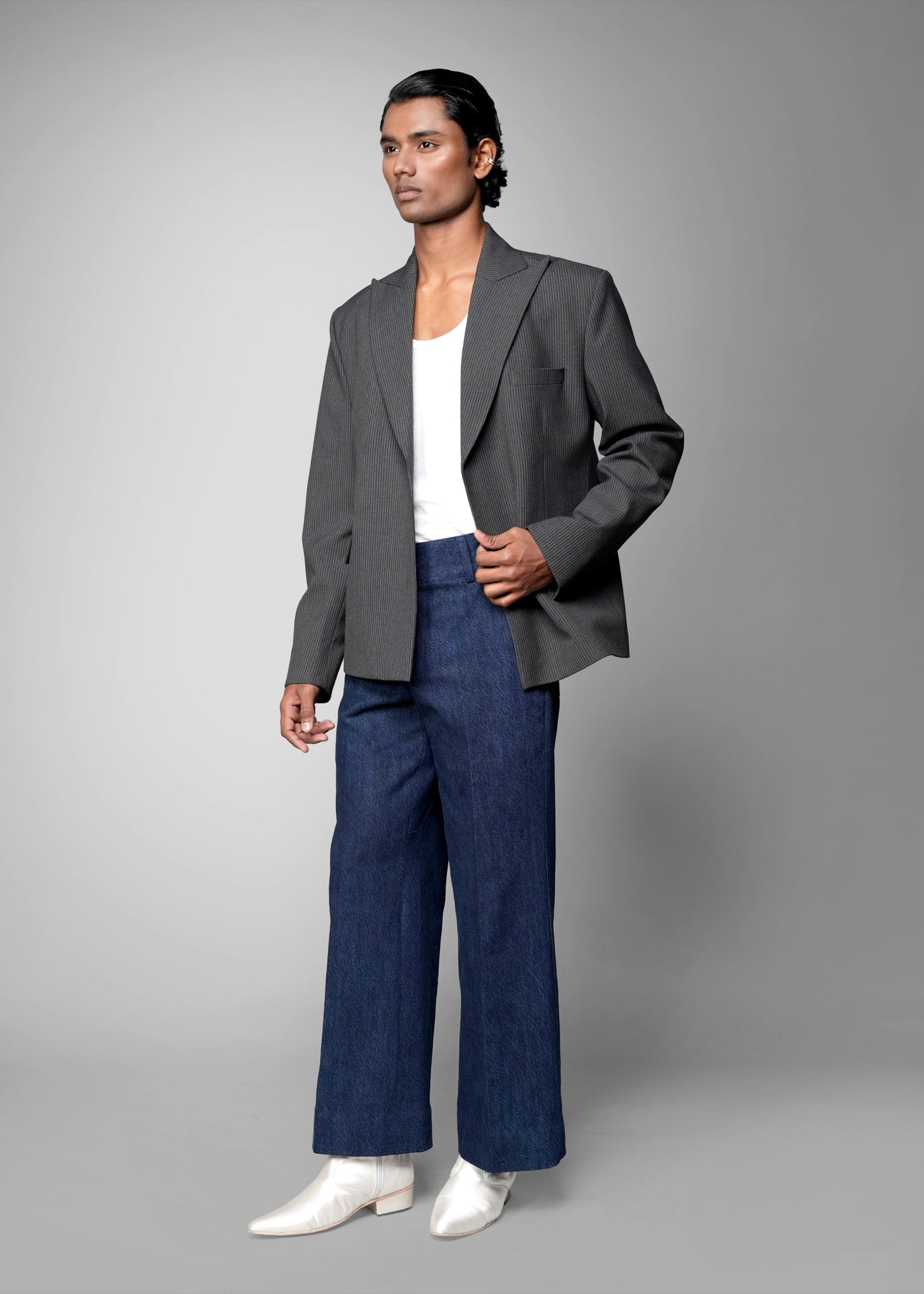 ROSANI The Grove blazer in grey - pinstripe shoulder-padded blazer with full lining, front view