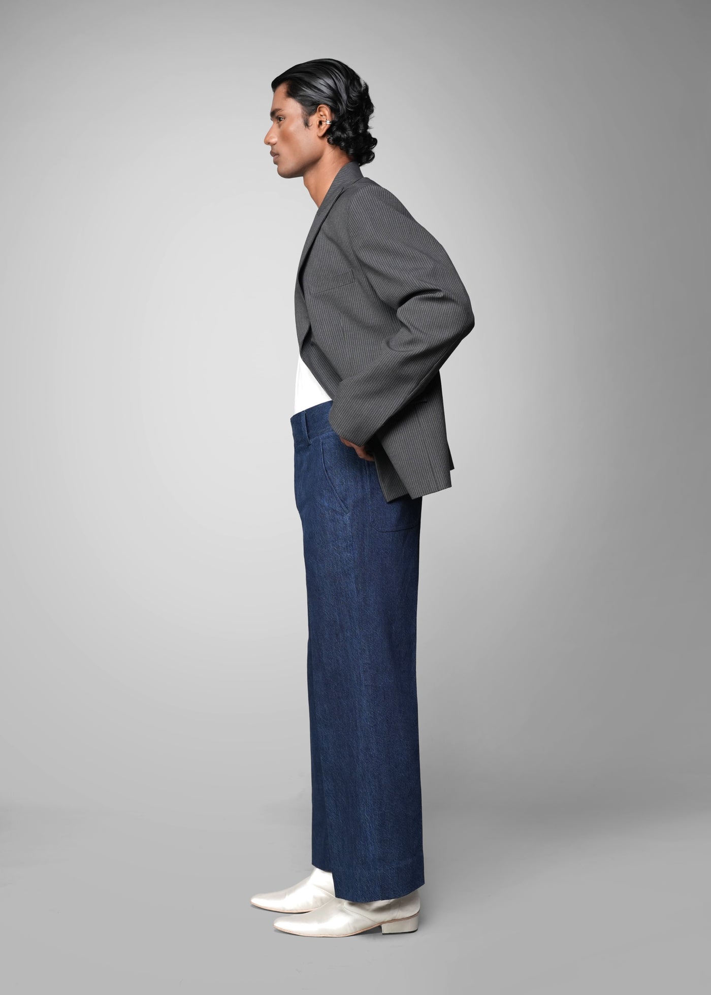 ROSANI The Grove blazer in grey - pinstripe shoulder-padded blazer, front side view