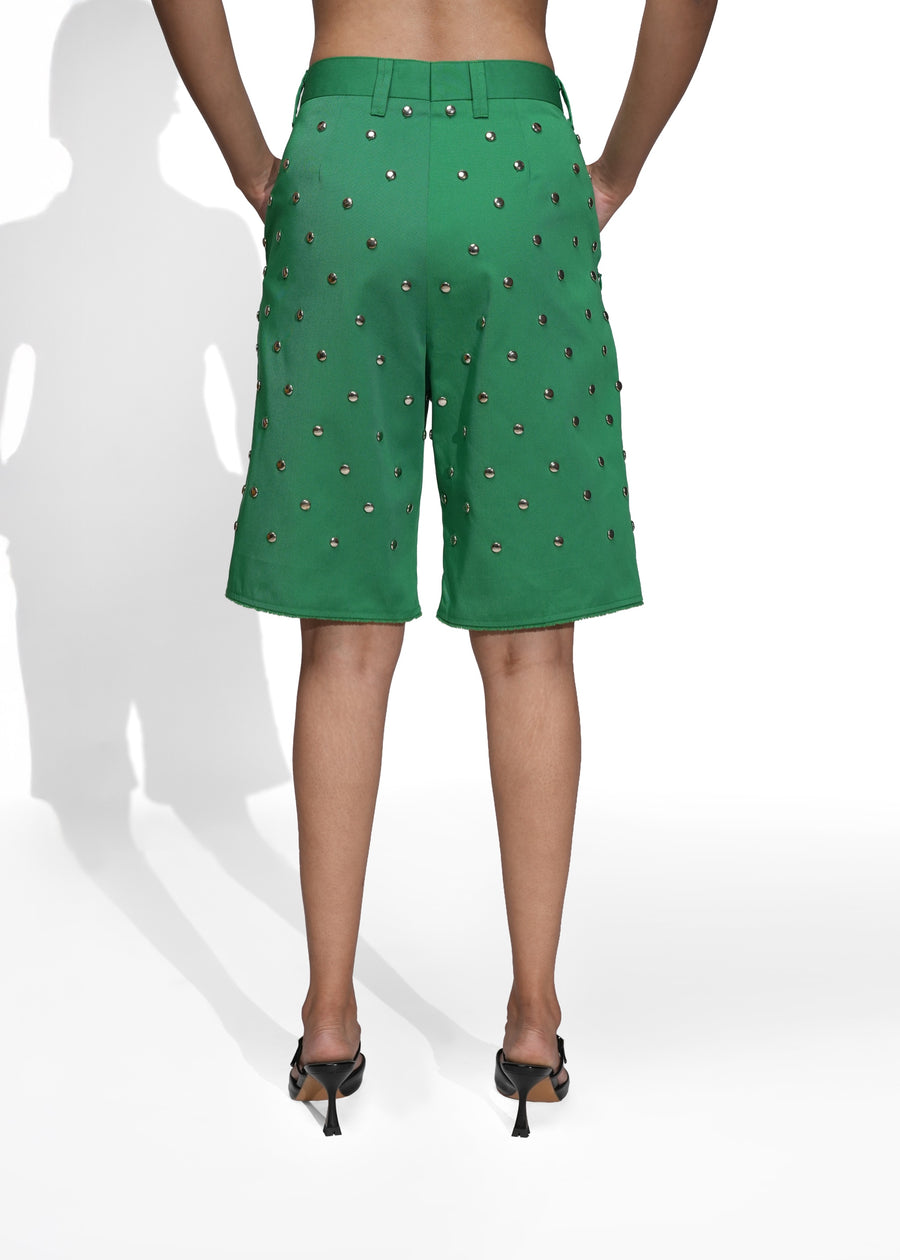 ROSANI The Meadow shorts in shamrock green - metallic insert hem detail, close-up