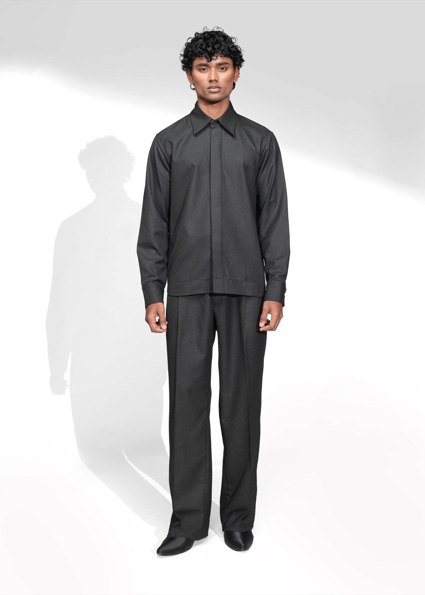 ROSANI The Nave shirt in black - pinstripe full-sleeve shirt with concealed placket, front view