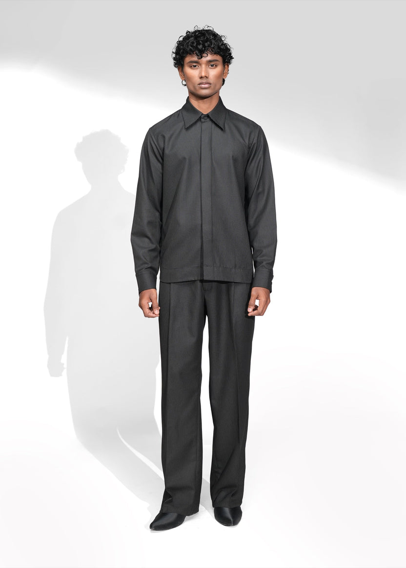 ROSANI The Nave shirt in black - pinstripe full-sleeve shirt with concealed placket, front view