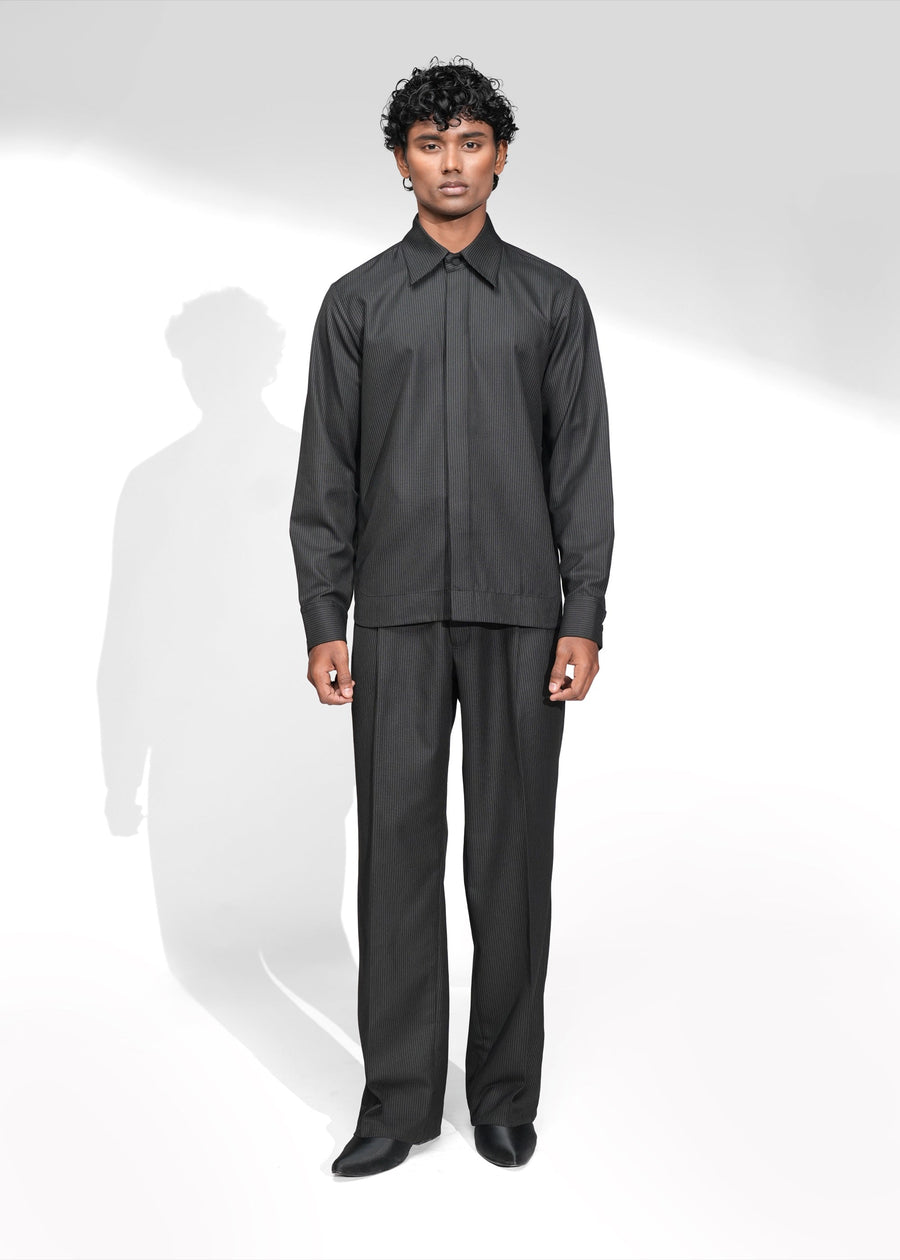 ROSANI The Nave shirt in black - pinstripe full-sleeve shirt with concealed placket, front view