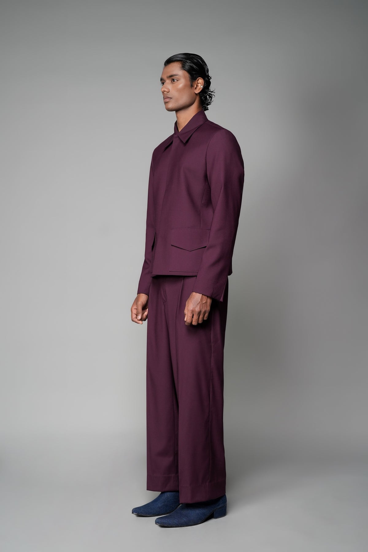 ROSANI The Portal jacket in plum - padded blazer with flap pockets, front side view