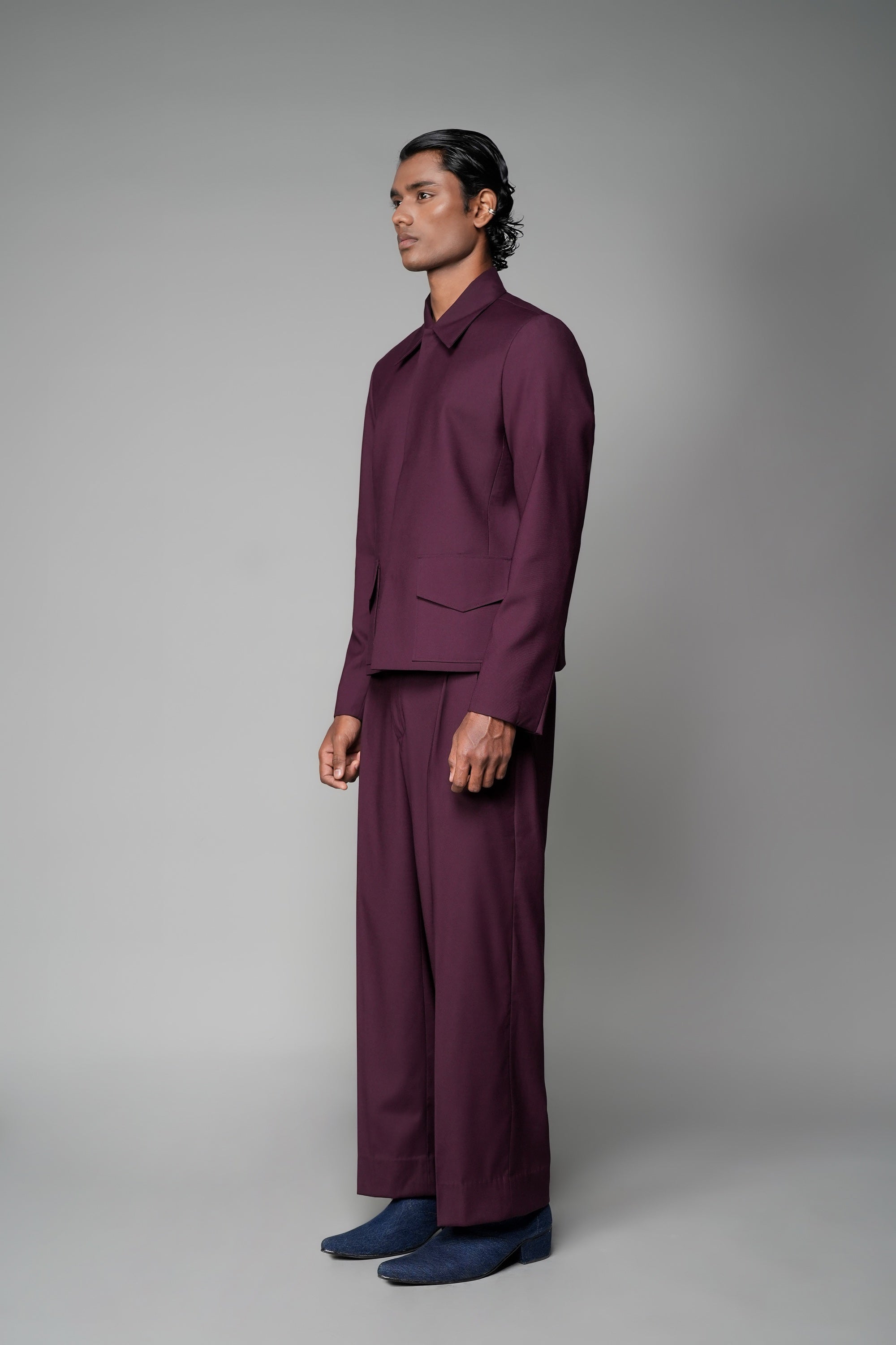 ROSANI The Portal jacket in plum - padded blazer with flap pockets, front side view