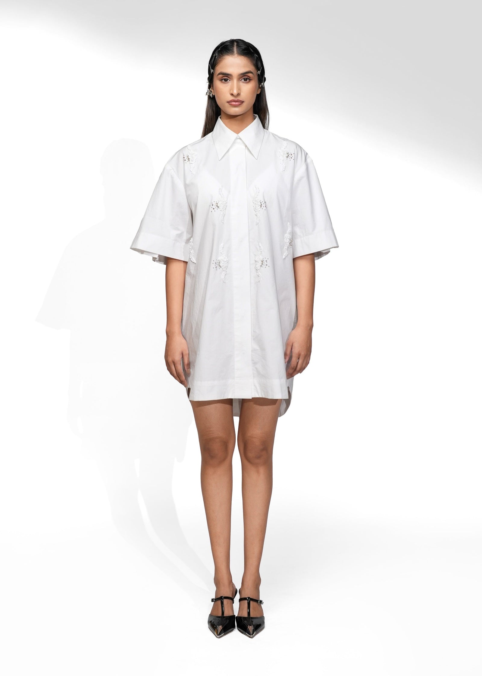 ROSANI The Portico dress in white - cotton shirt dress with pleated sleeves and embroidered strips, front view