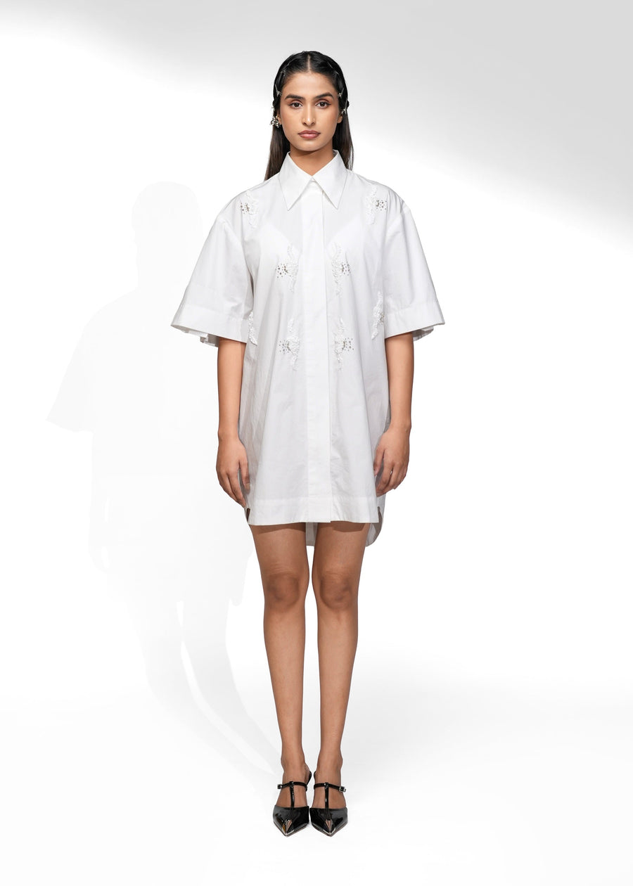 ROSANI The Portico dress in white - cotton shirt dress with pleated sleeves and embroidered strips, front view