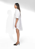 ROSANI The Portico dress in white - cotton shirt dress with pleated sleeves and embroidered strips, front side view
