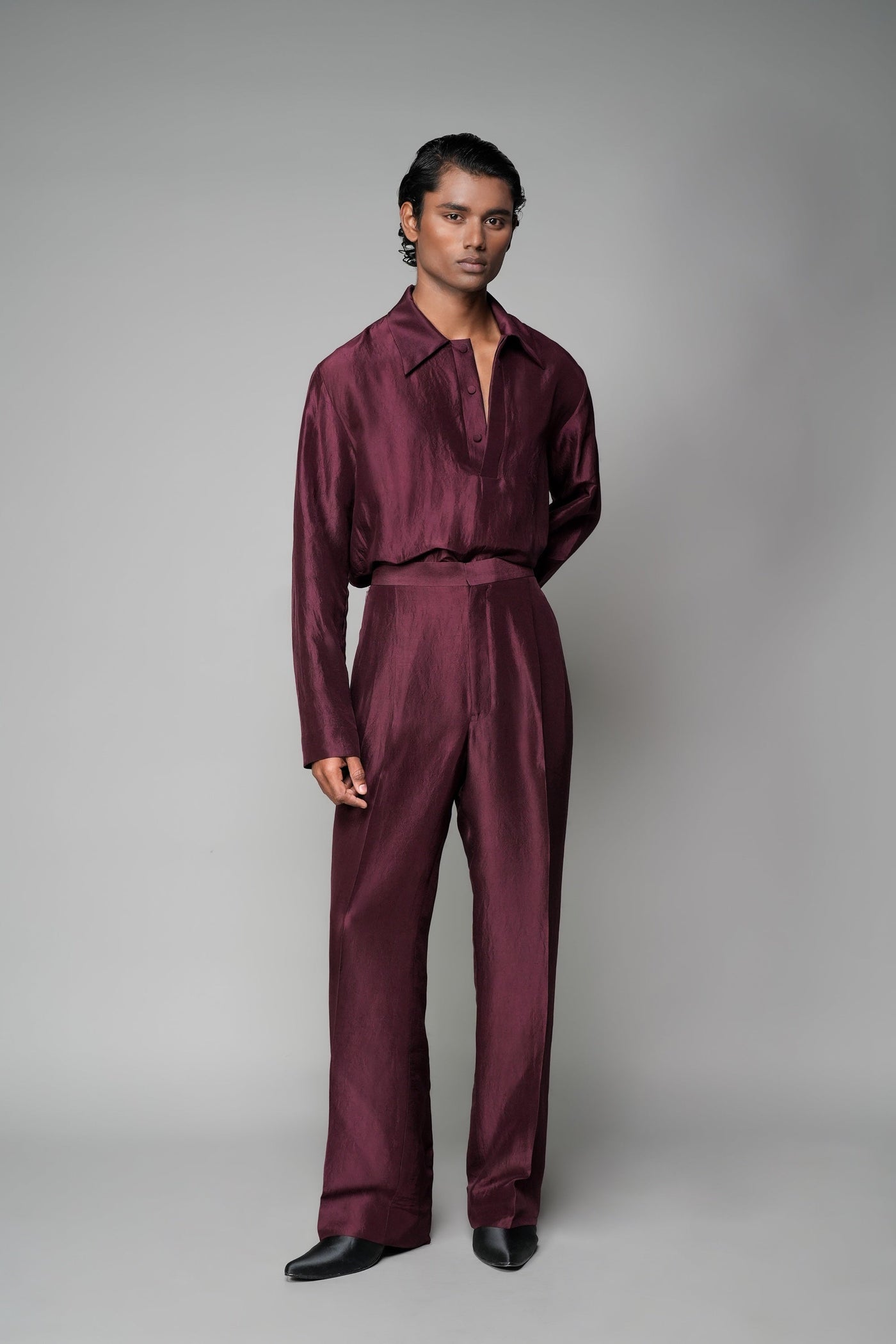 ROSANI The Repose trouser in plum - silk wide-leg trouser with high waist, front view