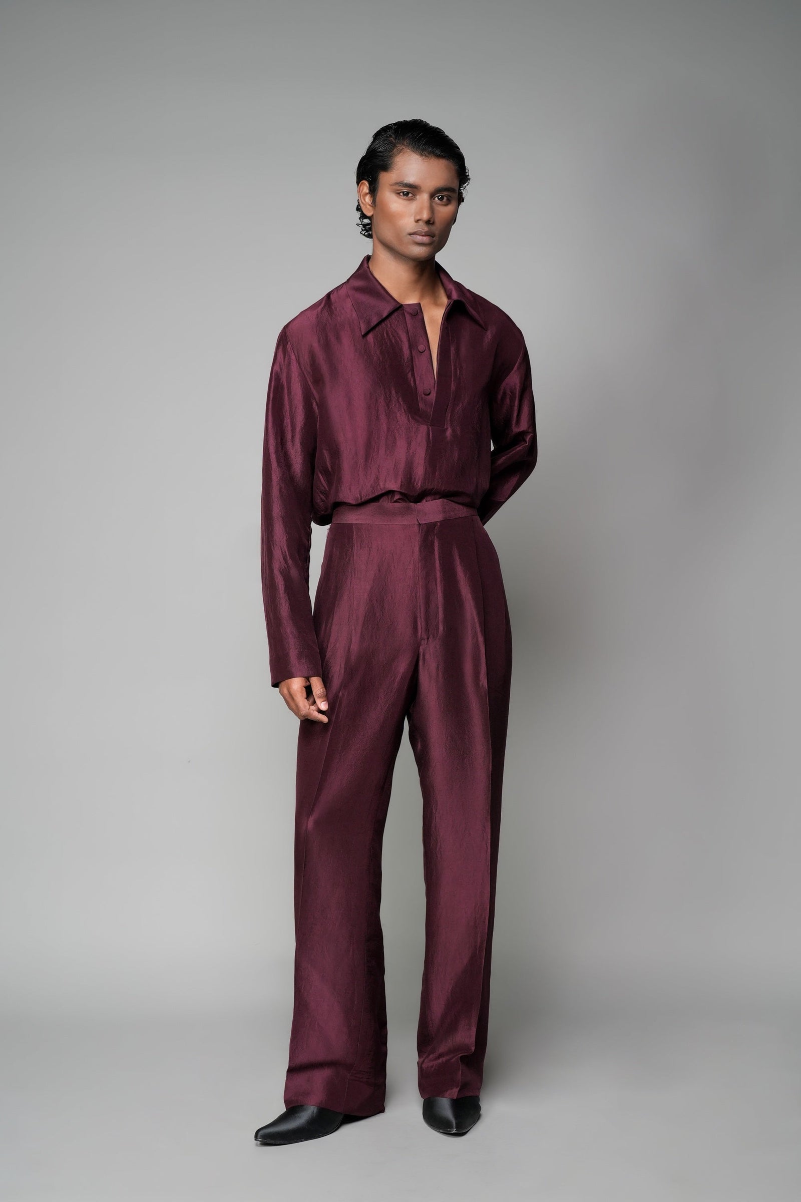 ROSANI The Repose trouser in plum - silk wide-leg trouser with high waist, front view