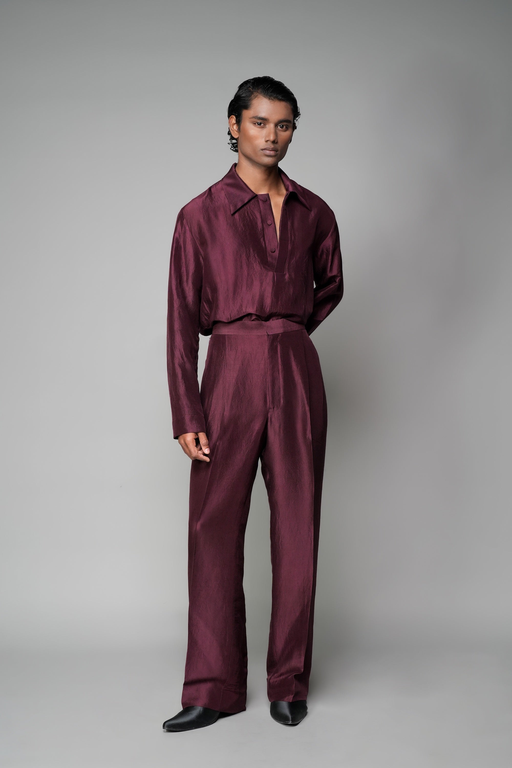 ROSANI The Repose trouser in plum - silk wide-leg trouser with high waist, front view