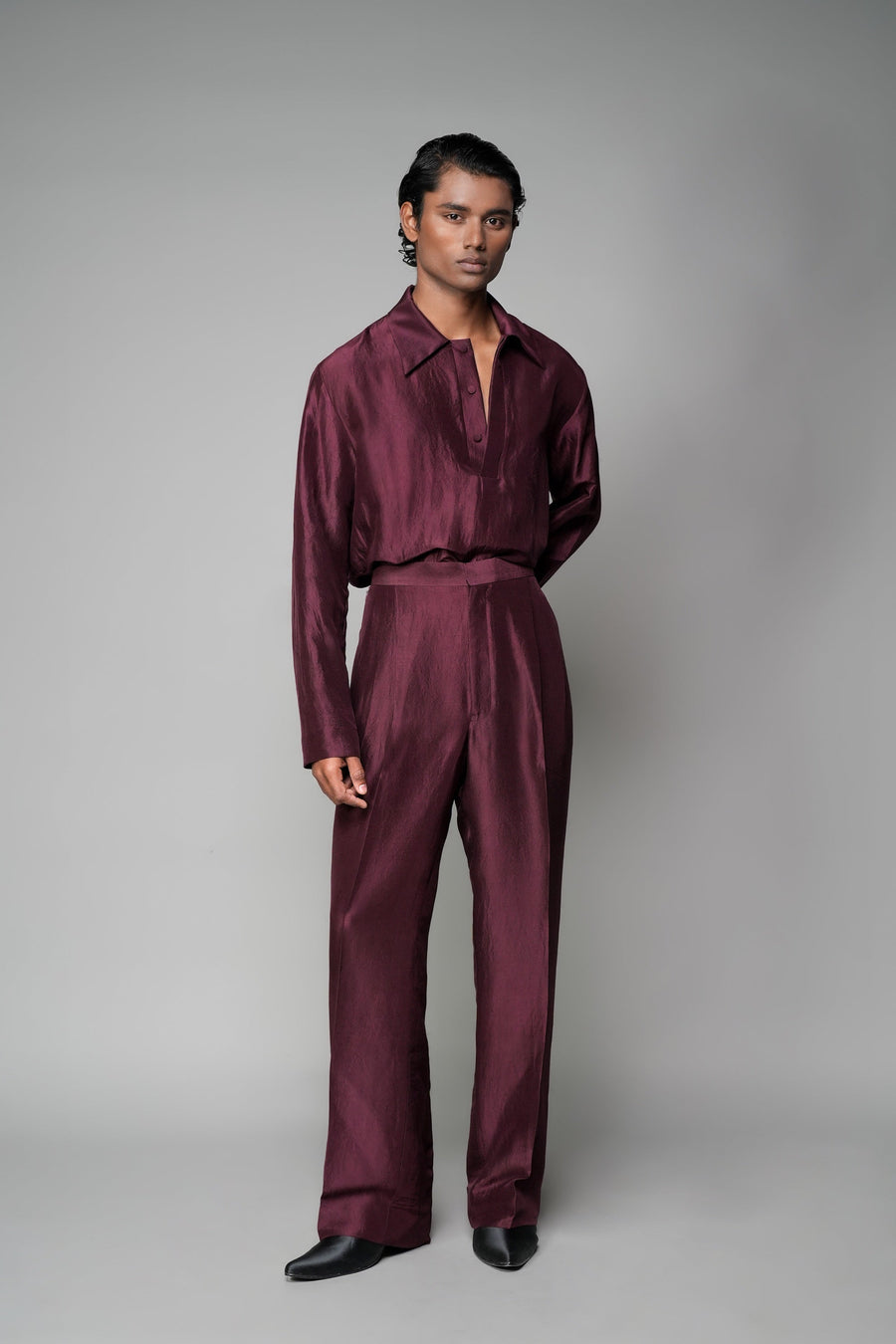 ROSANI The Repose trouser in plum - silk wide-leg trouser with high waist, front view