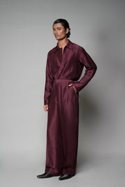 ROSANI The Repose trouser in plum - silk wide-leg trouser, front side view