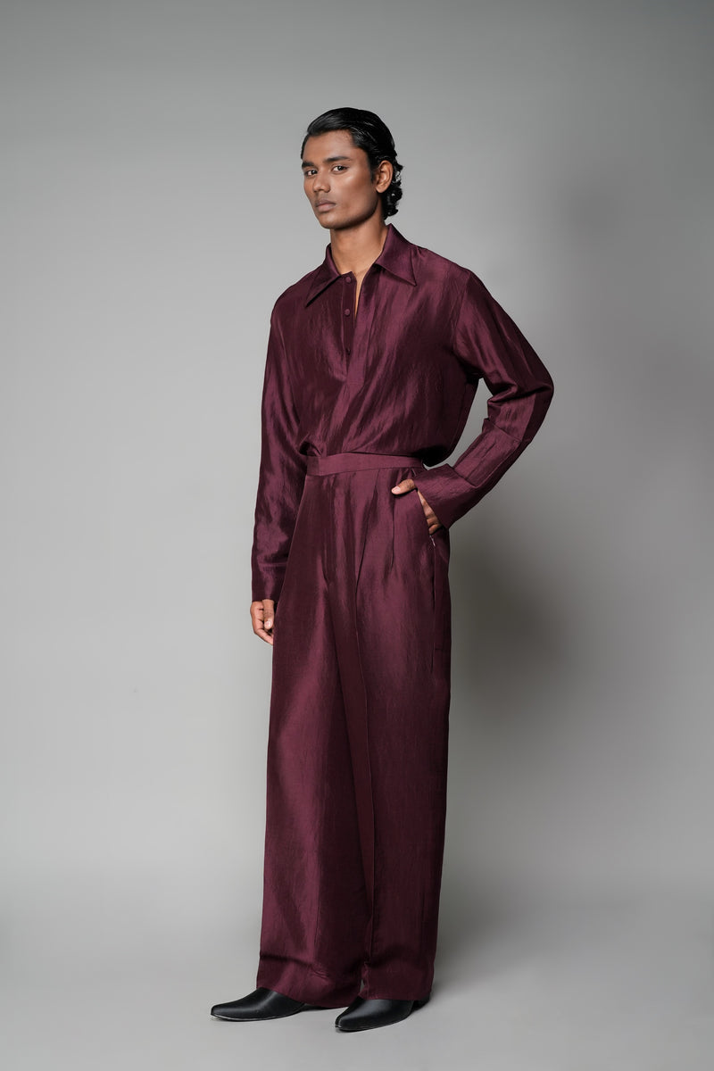 ROSANI The Repose trouser in plum - silk wide-leg trouser, front side view