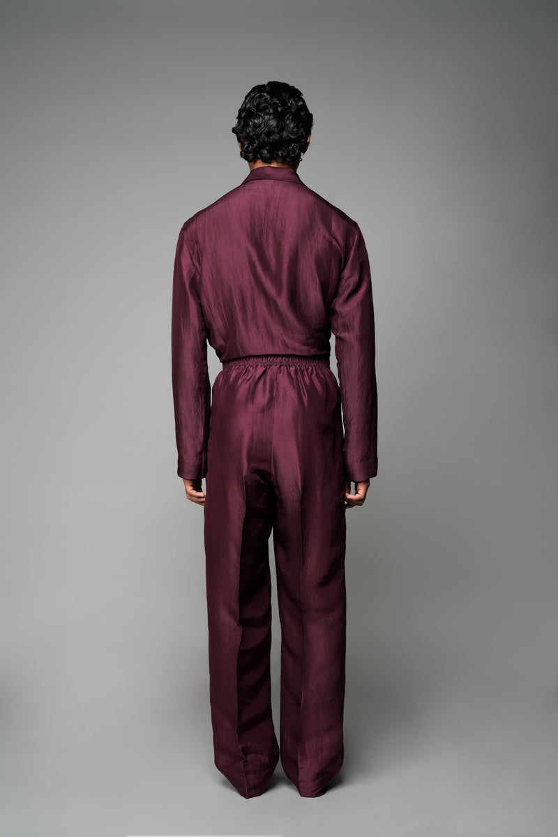 ROSANI The Repose trouser in plum - silk wide-leg trouser, back view