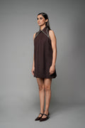 ROSANI The Rift dress in mocha - A-line dress with oversized embellished collar, front side view