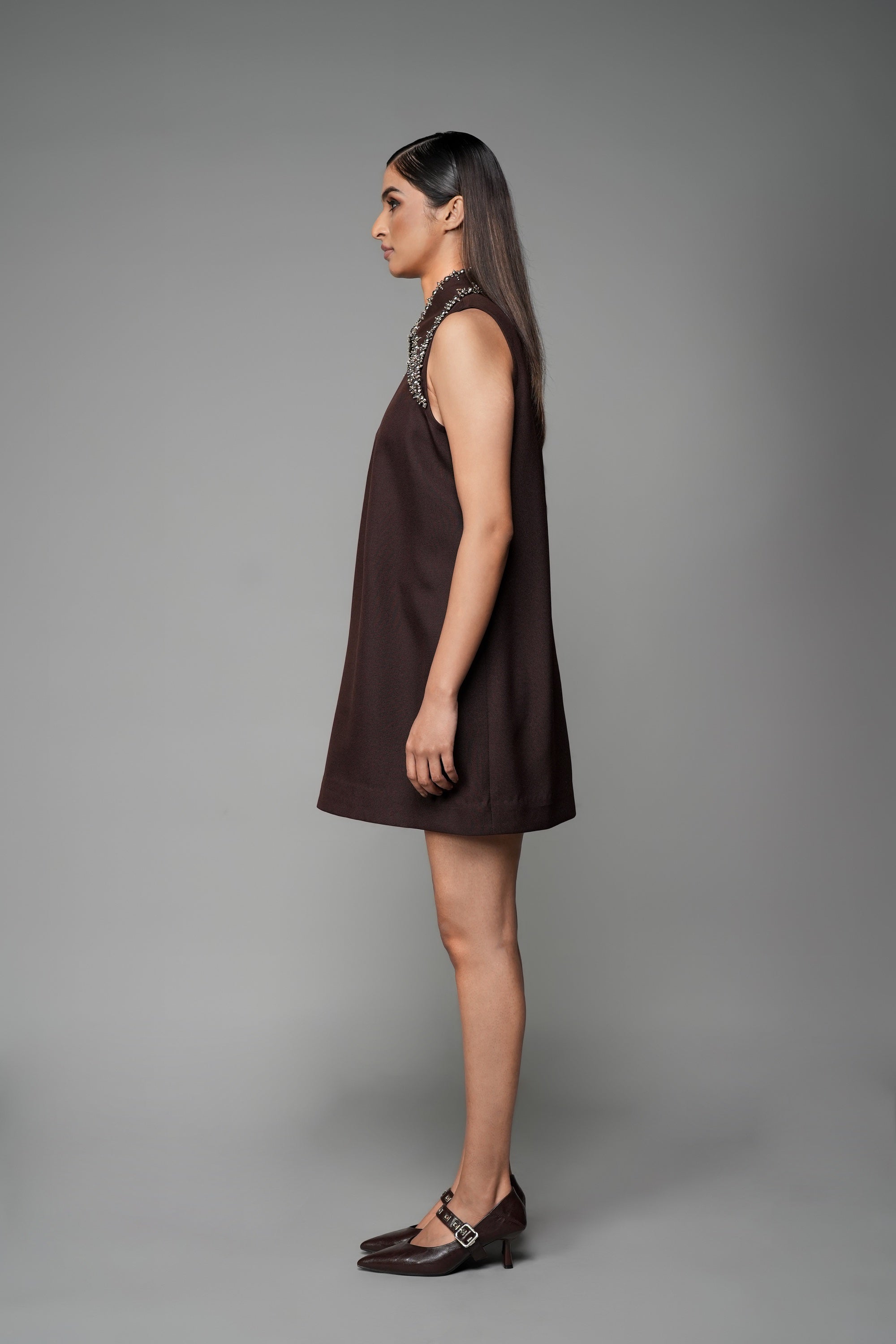 ROSANI The Rift dress in mocha - A-line dress with oversized embellished collar, side view