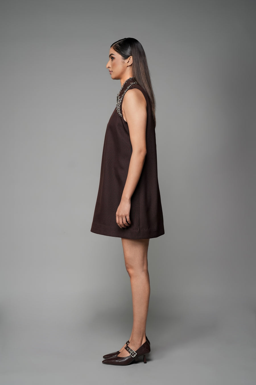 ROSANI The Rift dress in mocha - A-line dress with oversized embellished collar, side view