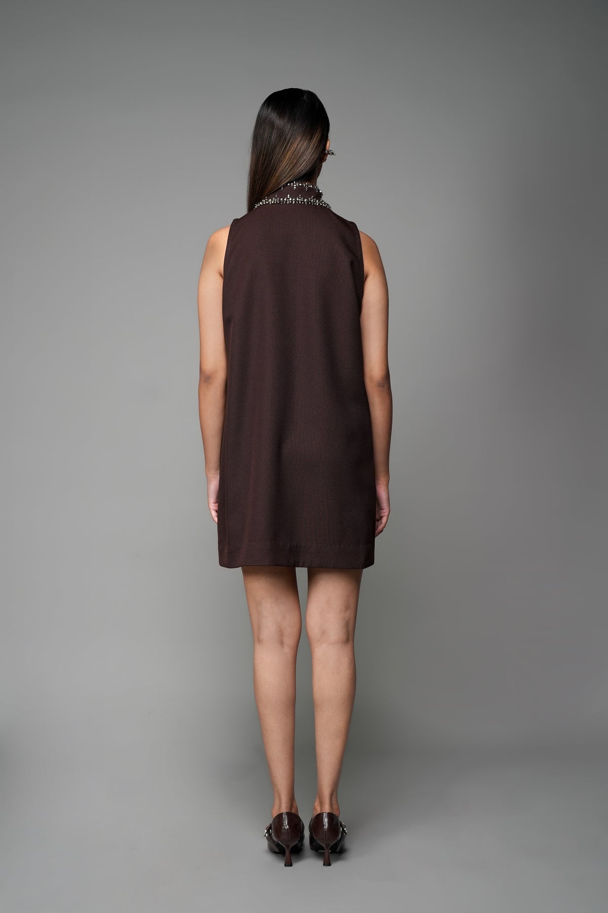 ROSANI The Rift dress in mocha - A-line dress with oversized embellished collar, back view